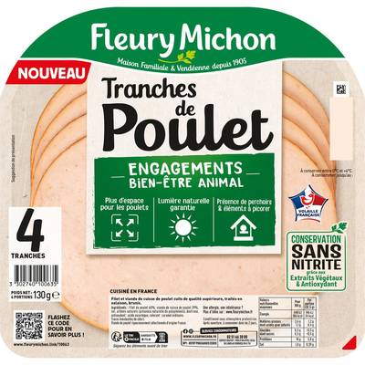 Fleury Michon Tranches de Poulet Engagment Bien Être Animal, 4 tranches - 130g
