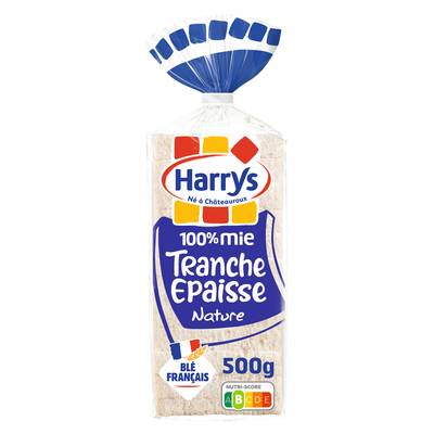 Harrys Pain de Mie Nature Tranches Epaisses 100% Mie, Sans Croute, 15 tranches - 500g