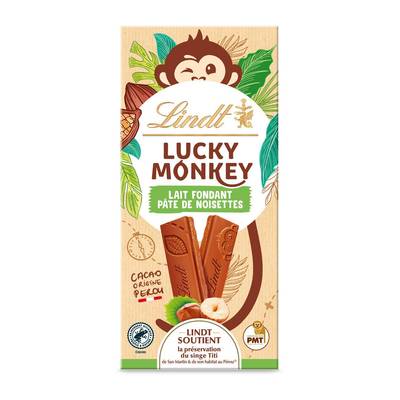 Lindt Tablette de Chocolat au Lait fondant et Noisette Lucky Monkey, 100g
