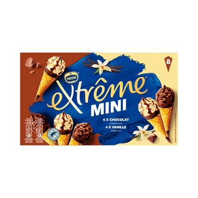 Extrême 8 mini cônes glacés Vanille et Chocolat et pépites de nougatine, 8 cônes - 312g