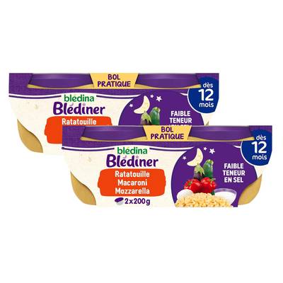 Blédina - Blédîner Ratatouille Petits Macaroni Touche de Mozzarella Bol Bébé Dès 12 mois, Lot de 2x2x200g