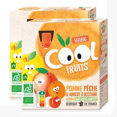 Vitabio - Cool Fruits Pomme, Pêche, Abricot, Acérola BIO- Purée de Fruits en gourde, Lot de 2x4x90g