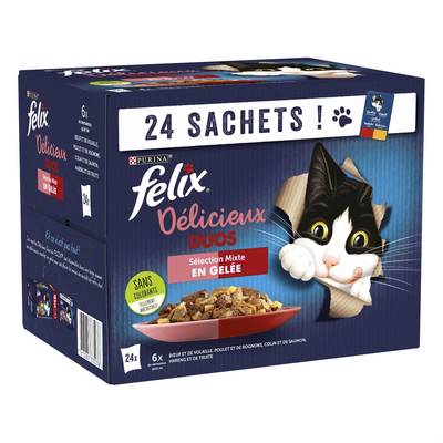 Purina - Félix Sachets en Gelée Délicieux Duos Sélection Mixte 4 variétés pour chat, 24x85g