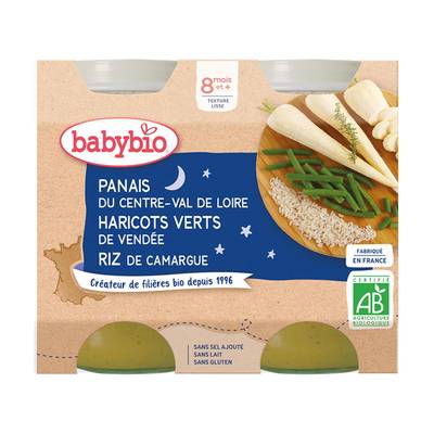 Babybio Panais, Haricots Verts, Riz de Camargue Bio Pot Bébé Dès 8 mois, 2x200g