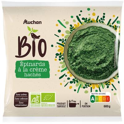 Auchan BIO Epinards hachés à la crème bio, 600g