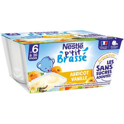 Nestlé - P'tit Brassé Dessert Lacté Abricot Vanille Sans Sucres Ajoutés Coupelle Bébé Dès 6 mois, 4x90g