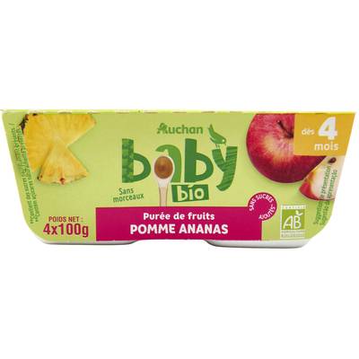 Auchan Baby Bio Dessert Pomme Ananas Bio Coupelles Bébé dès 4 mois, 4x100g
