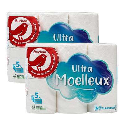 Auchan Papier toilette blanc ultra moelleux 5 épaisseurs, Lot de 2x6 rouleaux