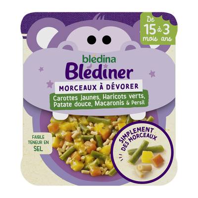 Blédina - Morceaux à dévorer Carottes jaunes haricots verts patate douce macaroni Assiette Bébé Dès 15 Mois, 200g
