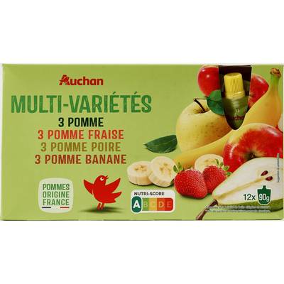 Auchan Gourdes compote pomme fraise poire banane allégées en sucre, 12x90g