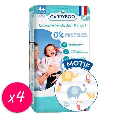 Carryboo Nature Couches naturelles et motifs chou, T4+ (9-20kg), Lot de 4x42 couches