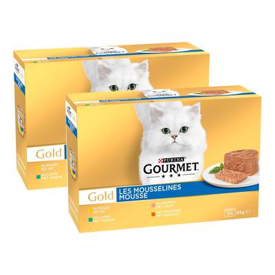 Purina - Gourmet Gold Boites Mousseline Poulet, Saumon, Rognons, Lapin pour chat, Lot de 2x12x85g