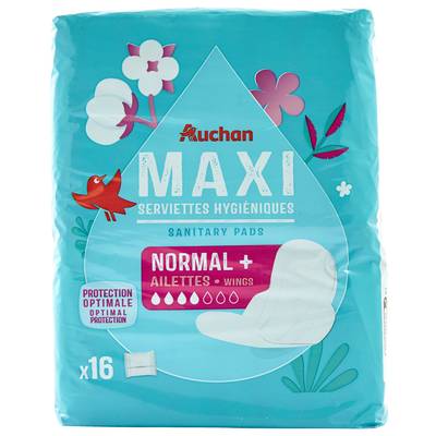 Auchan Serviettes hygiéniques avec ailettes maxi regular+, 16 serviettes