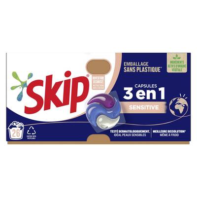Skip Capsule 3 en 1 Sensitive emballage sans plastique, 26 capsules