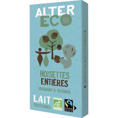Alter Eco - Commerce Equitable Chocolat Lait et Noisettes entières 36% Cacao Bio d'Equateur ou Pérou, 100g