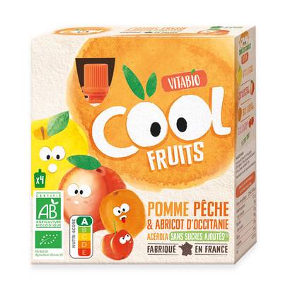 Vitabio - Cool Fruits Pomme, Pêche, Abricot, Acérola BIO- Purée de Fruits en gourde, 4x90g