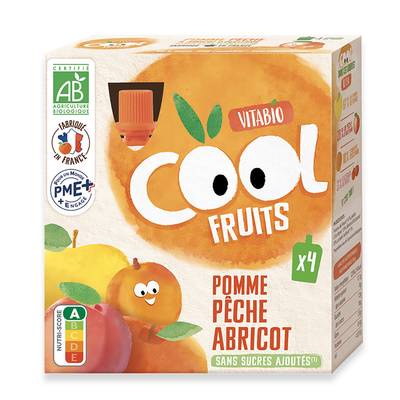 Vitabio - Cool Fruits Pomme, Pêche, Abricot, Acérola BIO- Purée de Fruits en gourde, 4x90g