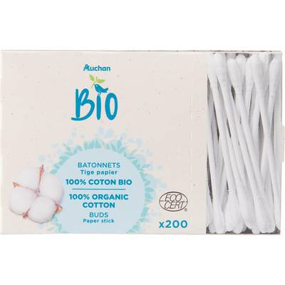 Auchan BIO Cotons-tiges écologiques avec bâtons et embouts 100%, 200 coton-tiges