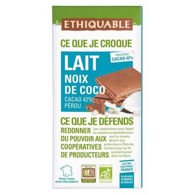 Ethiquable - Commerce Equitable Chocolat Lait Noix de Coco 42% Cacao Bio du Pérou, 100g