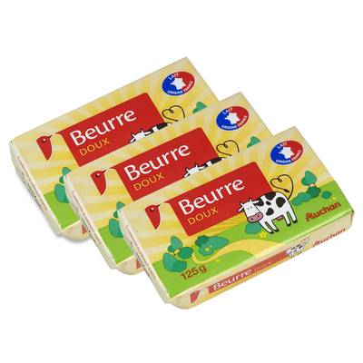 Auchan Beurre doux, Lot de 3x125g