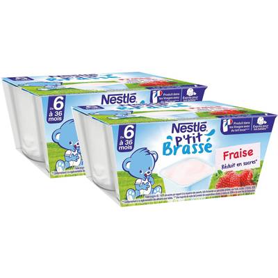 Nestlé - P'tit Brassé Dessert Lacté Fraise Coupelle Bébé Dès 6 mois, Lot de 2x4x100g