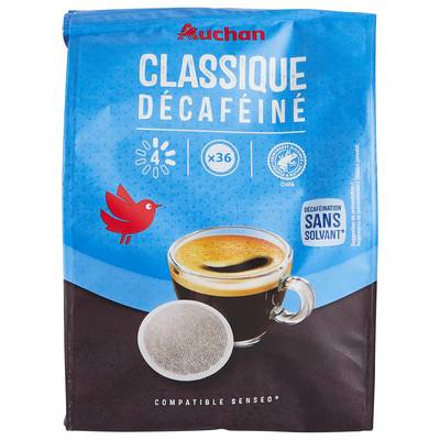 Auchan Dosettes de café classico décaféiné, 36 dosettes