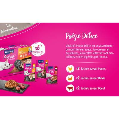 4008239352941 - Vitakraft Poésie - Sachets en Sauce Délices Viande- Poulet, Dinde, Boeuf pour chat