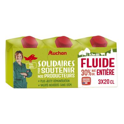Auchan Solidaires Crème fluide entière 30%mg UHT, 3x20cl