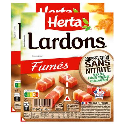 Herta Lardons Fumés, Conservation sans Nitrites, Lot de 2x150g