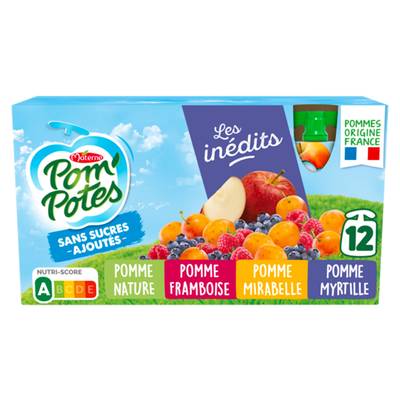 Pom Potes Multivariétés sans sucres ajoutés Pomme Framboise Mirabelle Myrtille, 12 gourdes de 90g