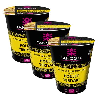 Tanoshi - Japon Nouilles Japonaises Saveur Poulet Teriyaki en cup, Lot de 3x65g