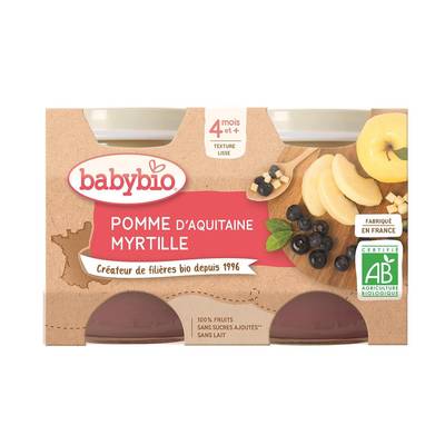Babybio Pomme, Myrtille Bio Pot Bébé Dès 4 mois, 2x130g