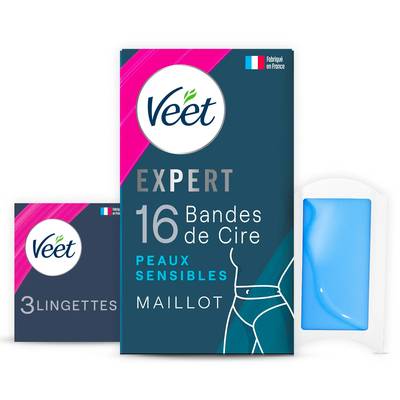 Veet Bandes de cire Froide Maillot Peau Sensible, 16 bandes