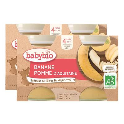 Babybio Banane, Pomme d'Aquitaine Bio Pot Bébé Dès 4 mois, Lot de 2x2x130g
