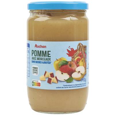 Auchan Purée de pomme avec morceaux sans sucres ajoutés en bocal, 710g
