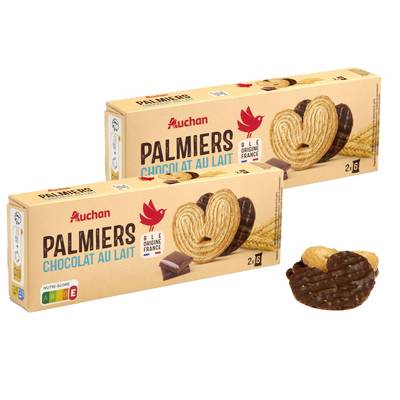 Auchan Palmiers biscuits feuilletés nappés au chocolat au lait, Lot de 2x100g