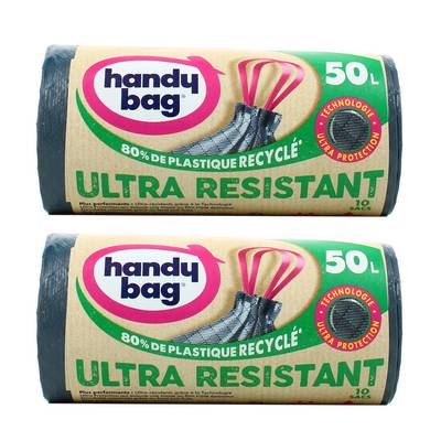 Handy Bag Sacs poubelle 50L avec poignées coulissantes - Ultra Résistant, Lot de 2x10 sacs de 50L