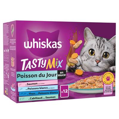 Whiskas Sachets en sauce Tasty Mix Poisson du Jour 4 variétés pour chat adulte, 12x85g