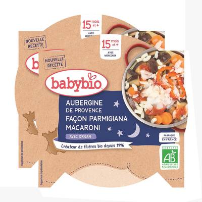 Babybio Aubergines de Provence façon Parmigiana et Macaroni Bio Assiette Bébé Dès 15 mois, Lot de 2x260g