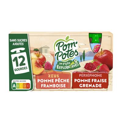 Pom'Potes - Materne Compote Pomme Pêche Framboise et Pomme Fraise Grenade, 12x90g