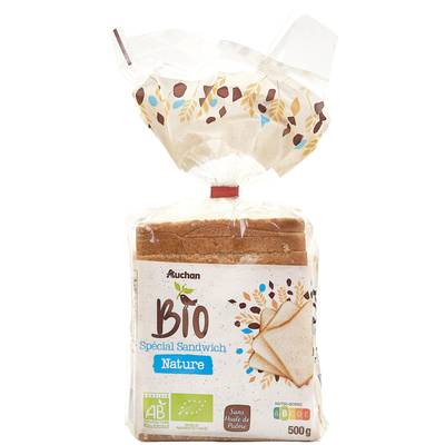 Auchan BIO Pain de Mie Bio Nature Grandes Tranches Avec Croûte, 14 tranches - 500g