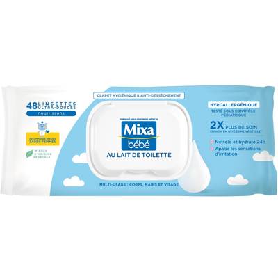 Mixa Bébé Lingettes Nettoyante Bébé Hypoallergénique au Lait de Toilette, 48 lingettes