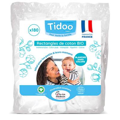 Tidoo Family Pads, Rectangles de coton Bio, 180 pièces