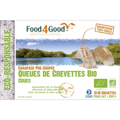 Food4Good Queues de crevettes crues Bio- Carapace pré-coupée- 13 à 18 pièces, Boite de 200g