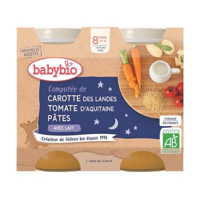 Babybio Compotée de Carotte des Landes, Tomate, Pâtes Bio Pot Bébé Dès 8 mois, 2x200g
