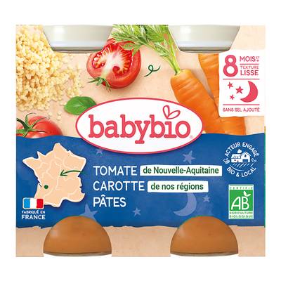 Babybio Compotée de Carotte des Landes, Tomate, Pâtes Bio Pot Bébé Dès 8 mois, 2x200g
