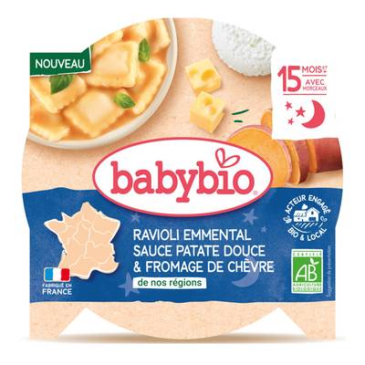 Babybio - Bonne Nuit Ravioli Emmental Sauce Patate Douce et Fromage de Chèvre Bio Assiette Bébé Dès 15 mois, 190g