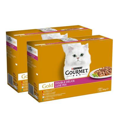 Purina - Gourmet Gold Boites Double Délice Bœuf-Poulet, Lapin-Foie, Poisson-Sauce Epinards, Canard-Dinde pour chat, Lot de 2x12x85g