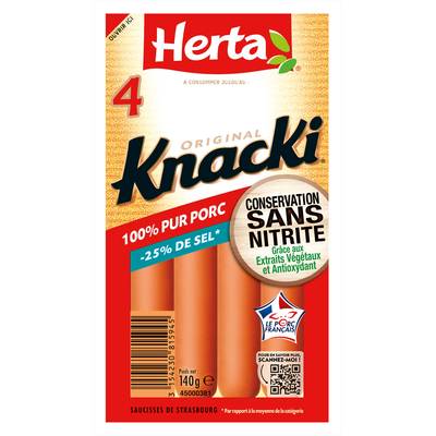 Herta Knacki Taux de Sel Réduit, Conservation Sans Nitrite, 4 saucisses - 140g