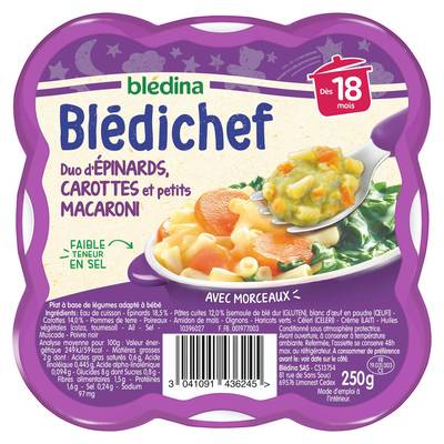 Blédina - Blédi'chef Duo Epinard Carotte et Petits Macaronis Assiette Bébé Dès 18 mois, 250g